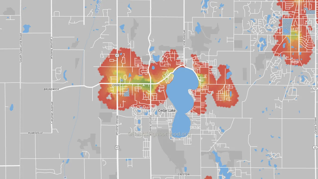 Walk Grade map of Cedar Lake, IN, walkable areas in green and car-dependent areas in red