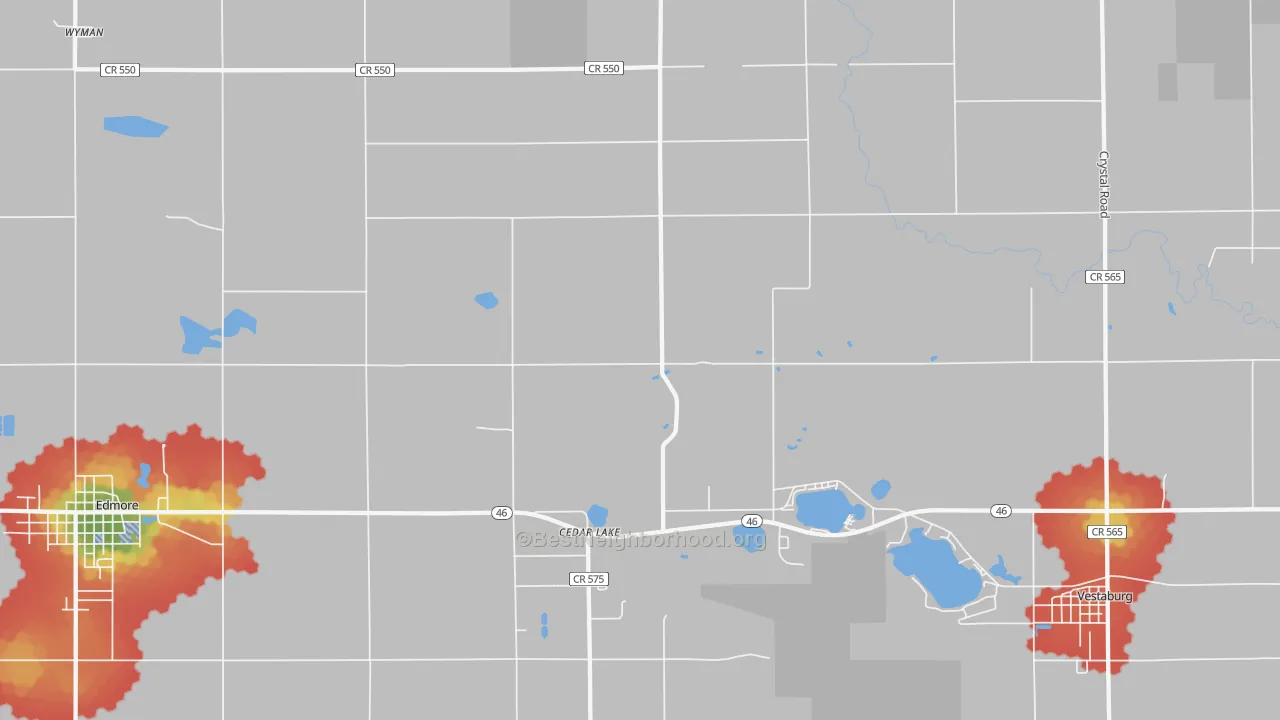 Walk Grade map of Cedar Lake, MI, walkable areas in green and car-dependent areas in red
