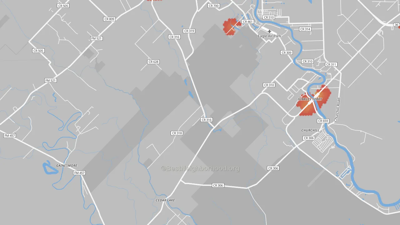 Walk Grade map of Cedar Lake, TX, walkable areas in green and car-dependent areas in red