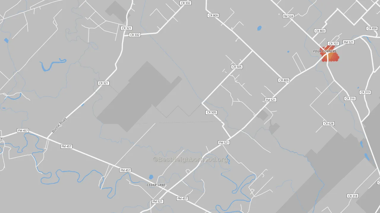 Walk Grade map of Cedar Lane, TX, walkable areas in green and car-dependent areas in red