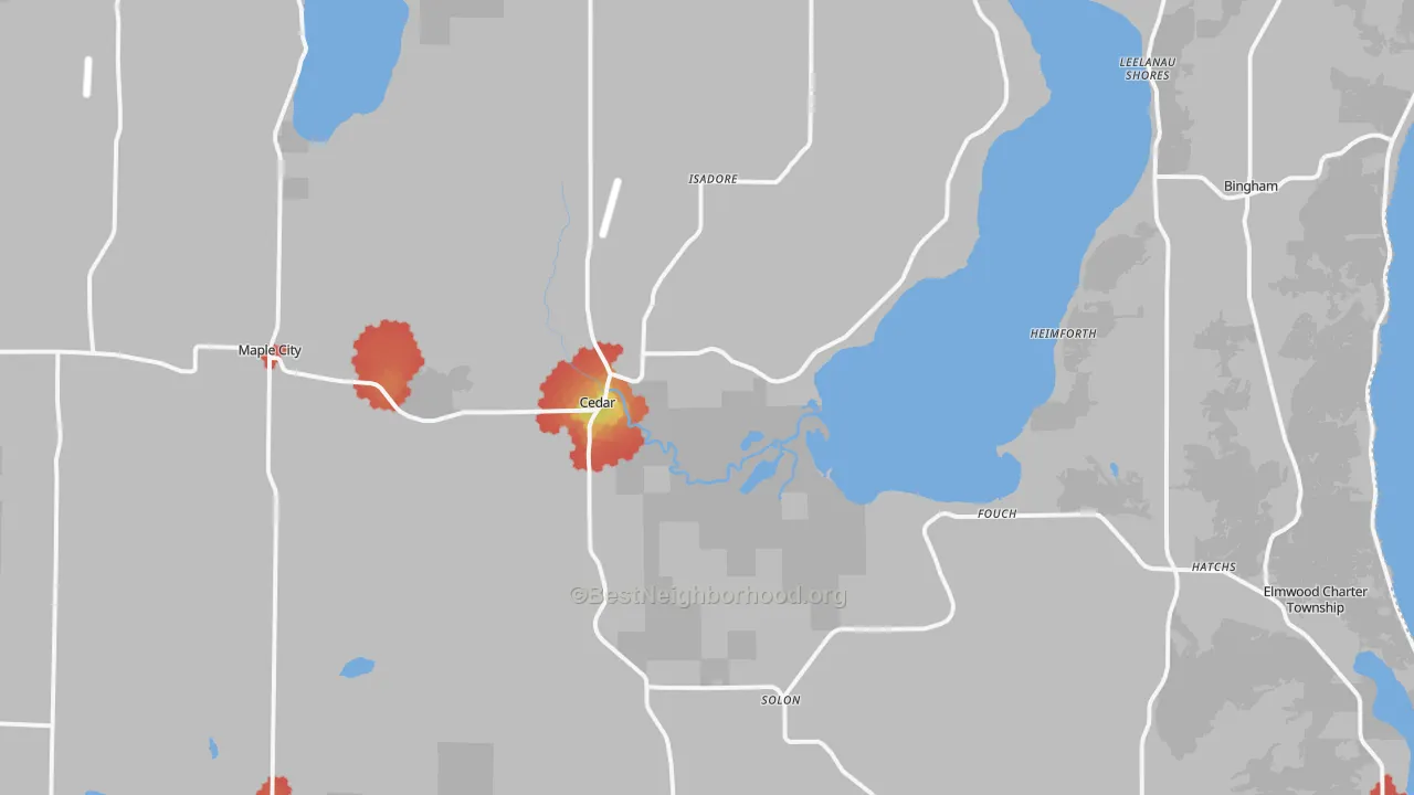 Walk Grade map of Cedar, MI, walkable areas in green and car-dependent areas in red