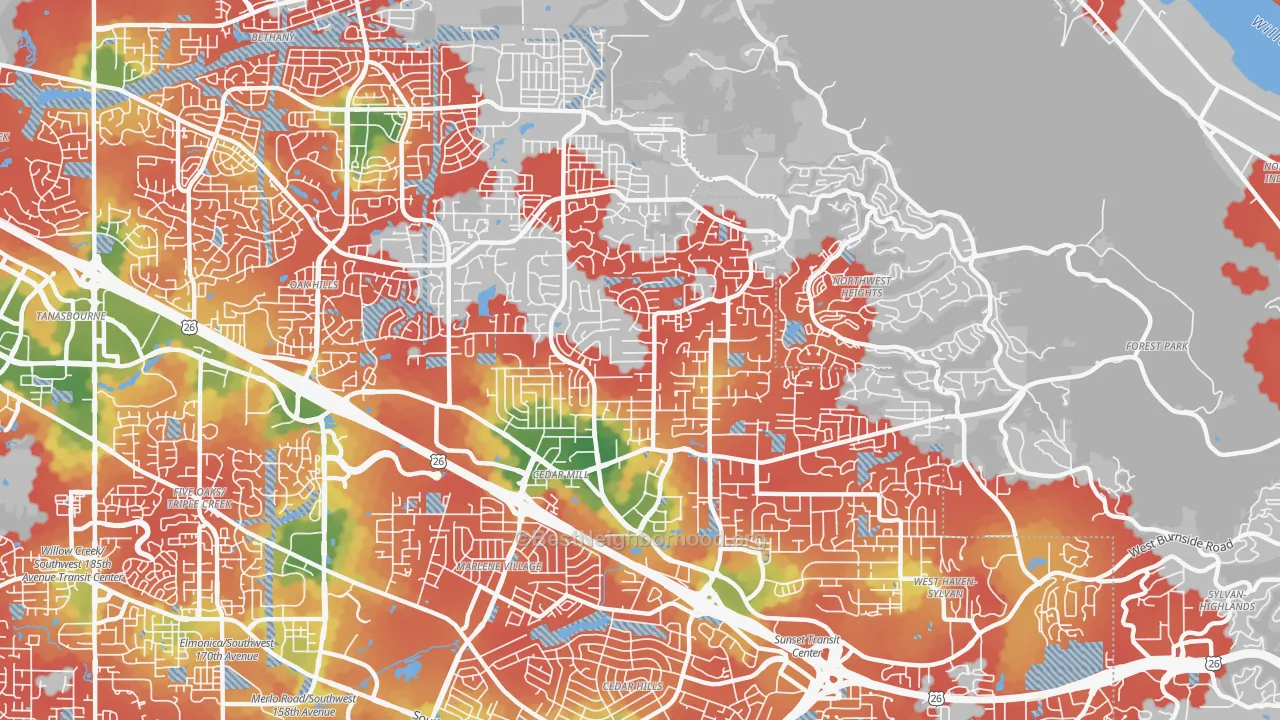 Walk Grade map of Cedar Mill, OR, walkable areas in green and car-dependent areas in red
