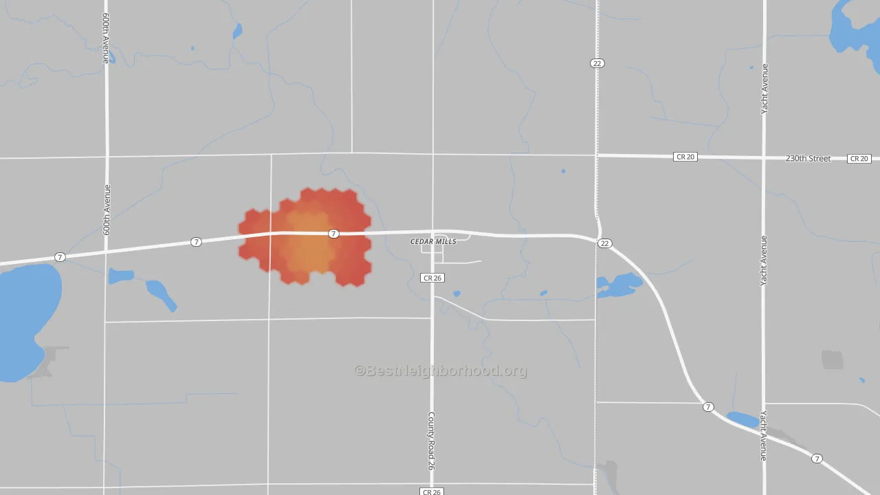 Walk Grade map of Cedar Mills, MN, walkable areas in green and car-dependent areas in red