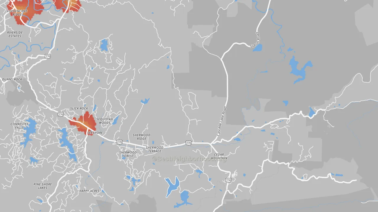 Walk Grade map of Cedar Mountain, NC, walkable areas in green and car-dependent areas in red