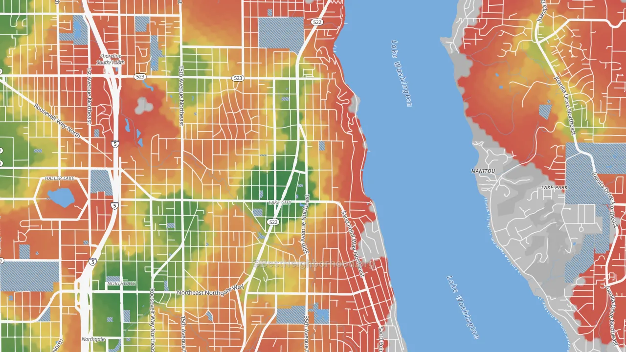 Walk Grade map of Cedar Park, Seattle, WA, walkable areas in green and car-dependent areas in red