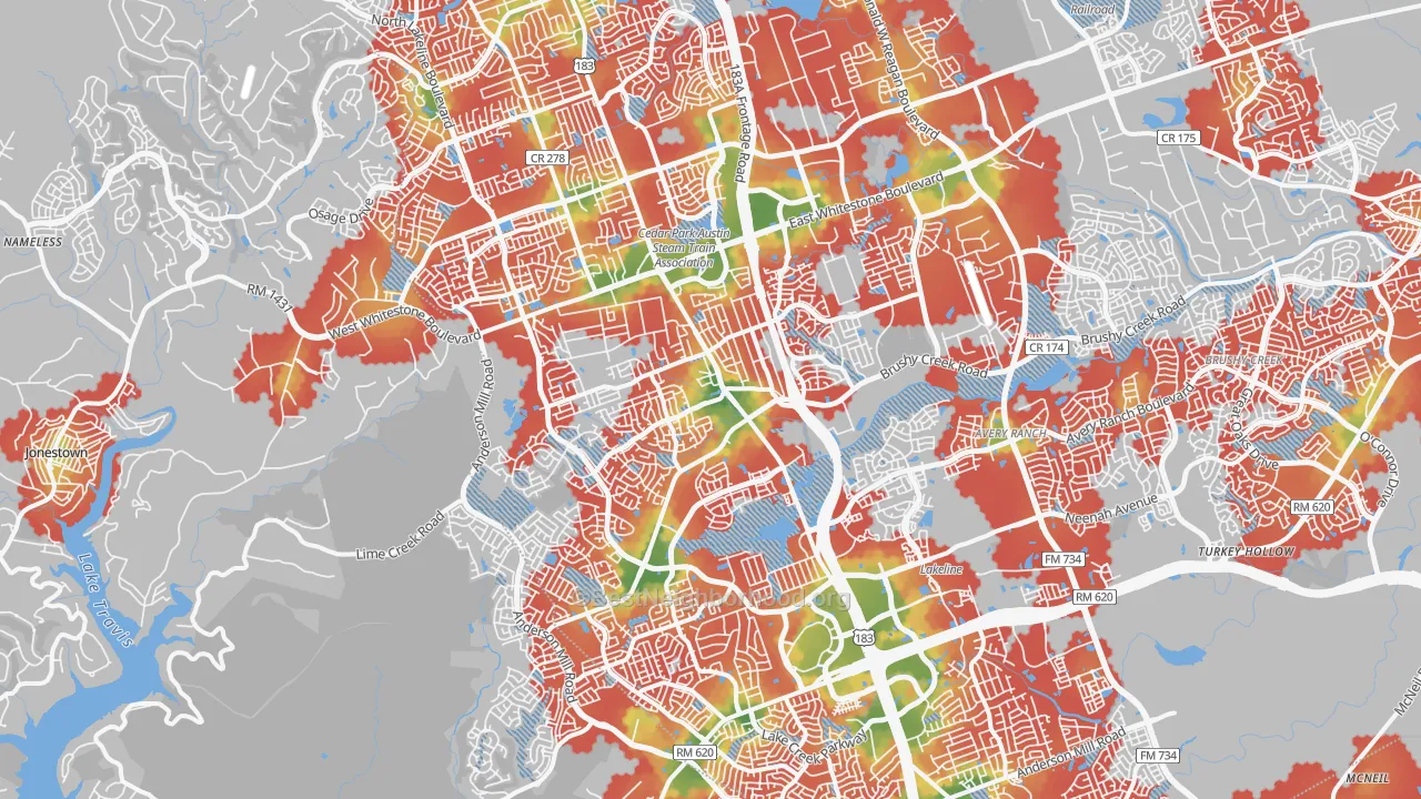 Walk Grade map of Cedar Park, TX, walkable areas in green and car-dependent areas in red