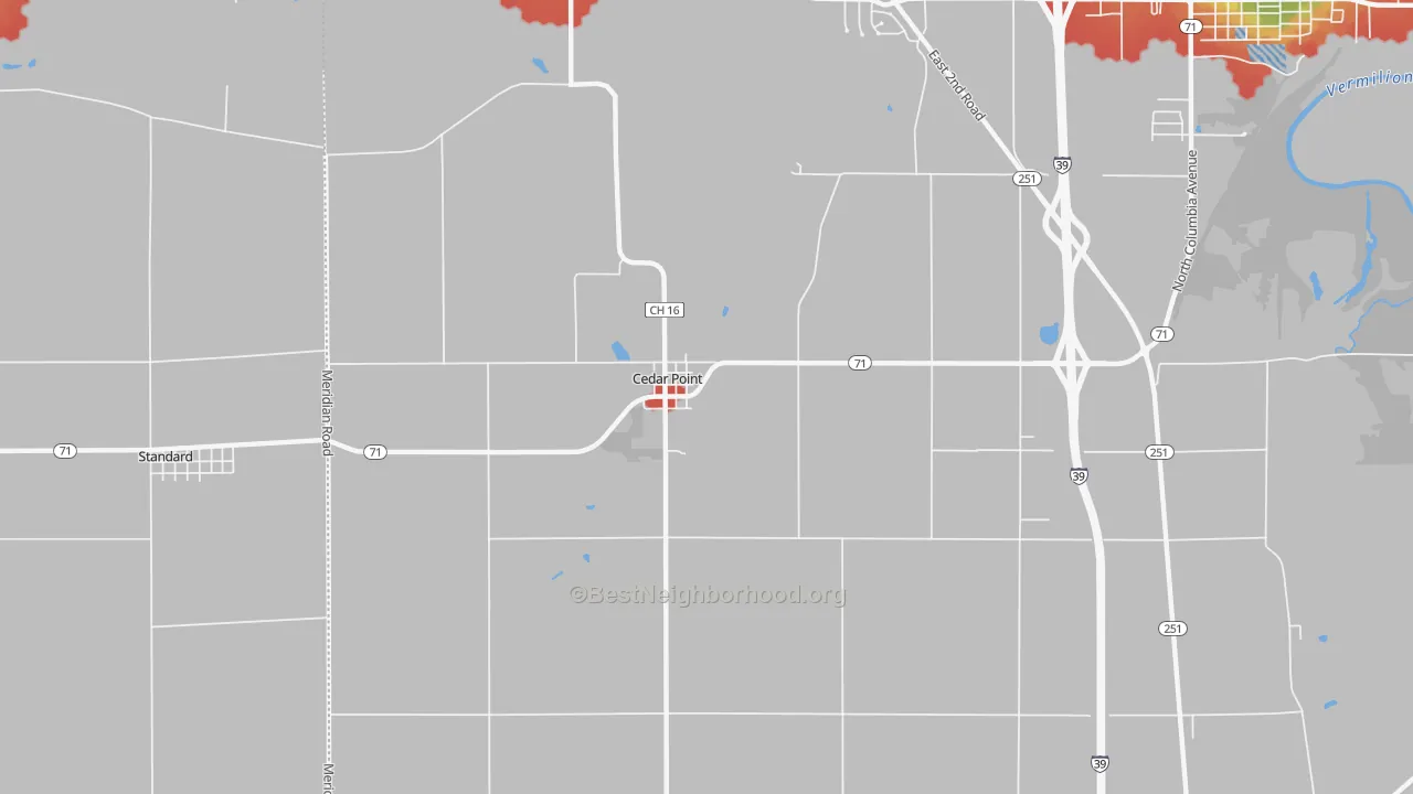 Walk Grade map of Cedar Point, IL, walkable areas in green and car-dependent areas in red