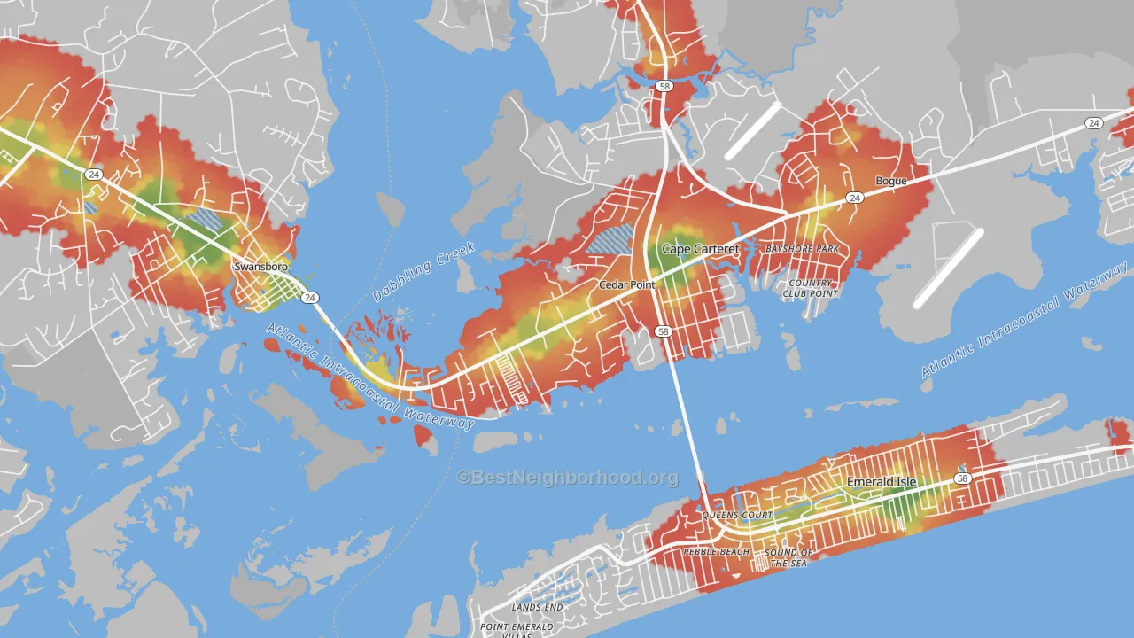 Walk Grade map of Cedar Point, NC, walkable areas in green and car-dependent areas in red
