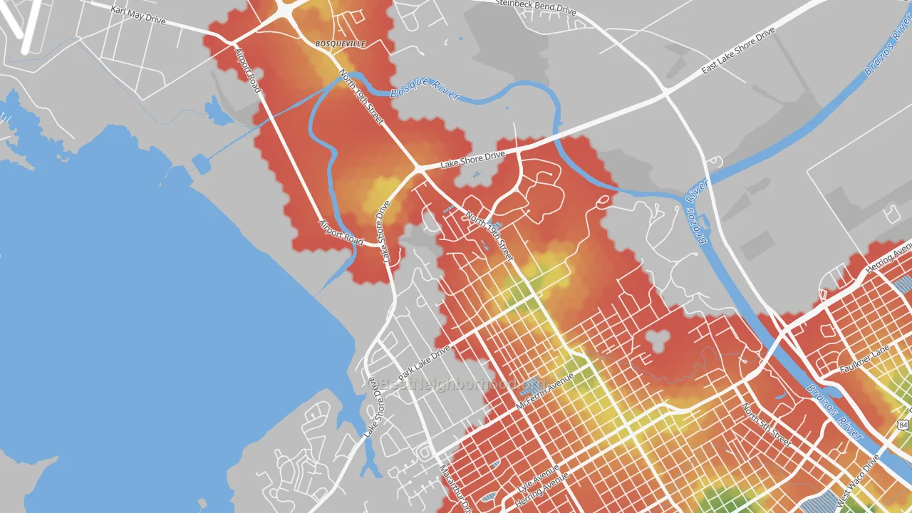 Walk Grade map of Cedar Ridge, Waco, TX, walkable areas in green and car-dependent areas in red