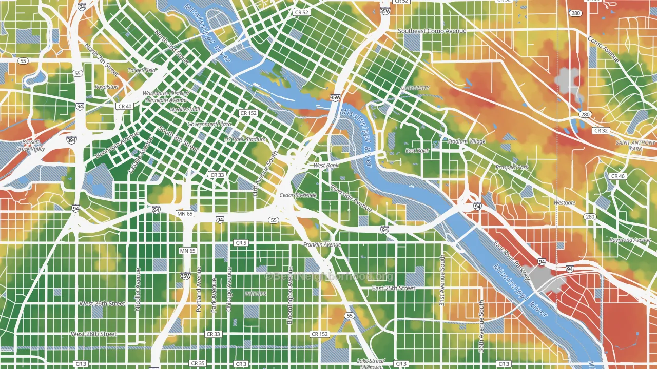 Walk Grade map of Cedar-Riverside, Minneapolis, MN, walkable areas in green and car-dependent areas in red
