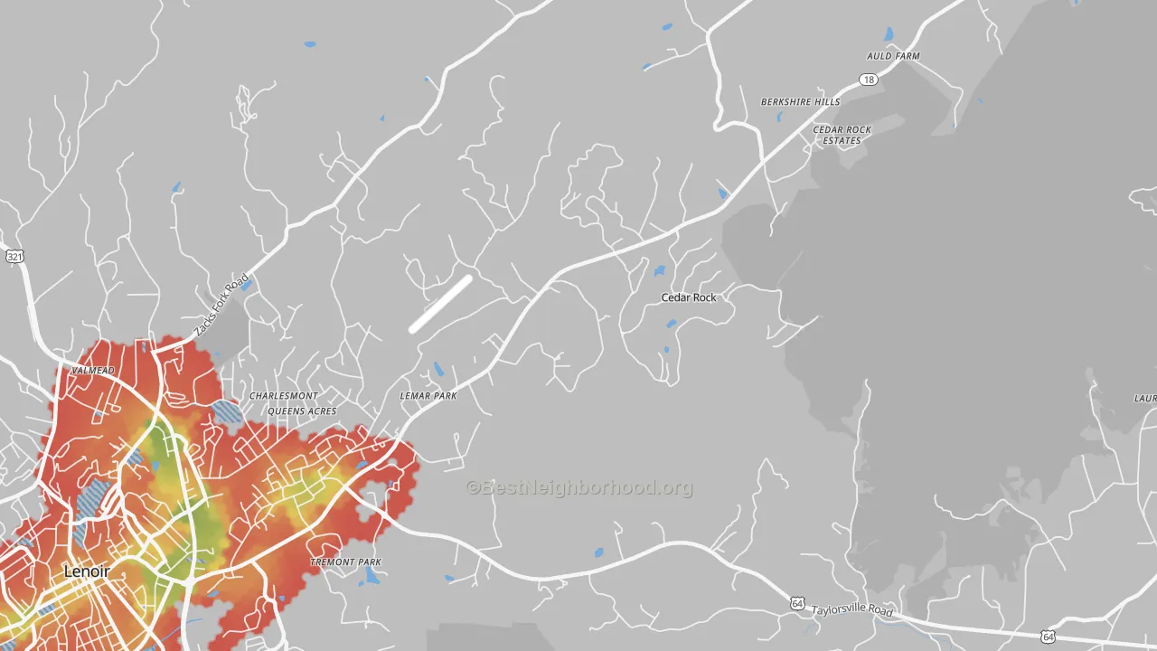 Walk Grade map of Cedar Rock, NC, walkable areas in green and car-dependent areas in red