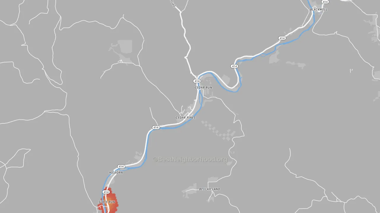 Walk Grade map of Cedar Run, PA, walkable areas in green and car-dependent areas in red