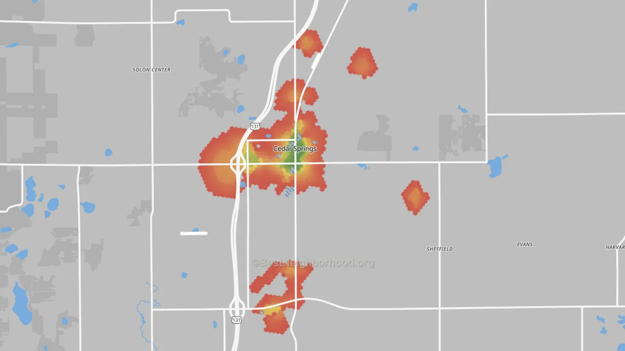 Walk Grade map of Cedar Springs, MI, walkable areas in green and car-dependent areas in red