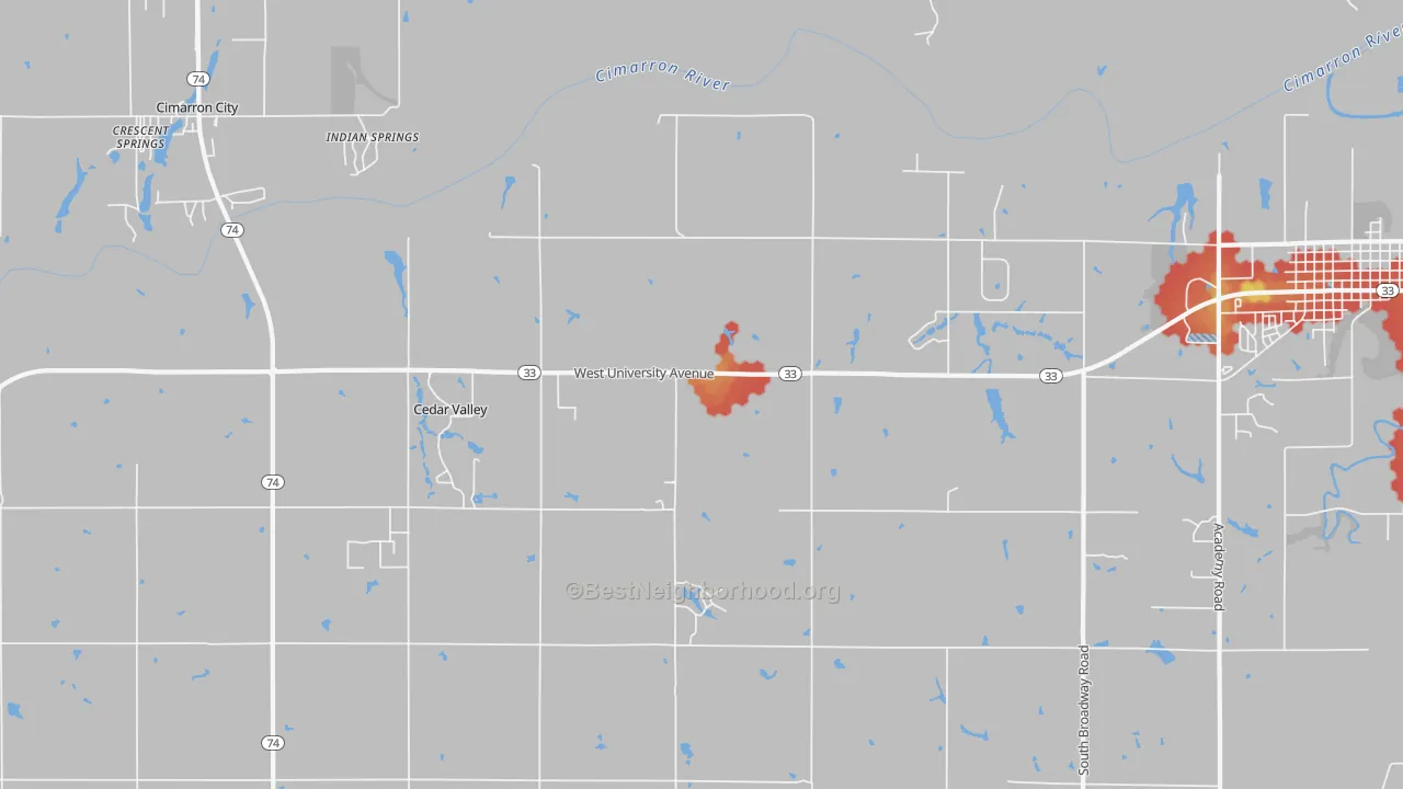 Walk Grade map of Cedar Valley, OK, walkable areas in green and car-dependent areas in red