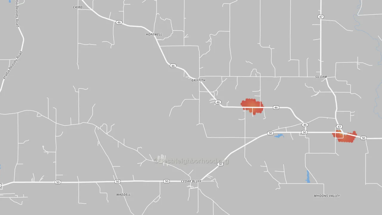 Walk Grade map of Cedarbluff, MS, walkable areas in green and car-dependent areas in red