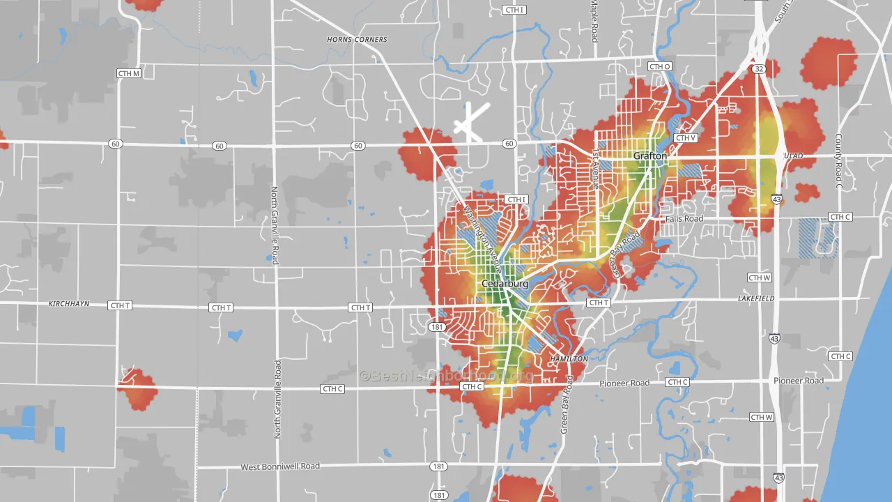 Walk Grade map of Cedarburg, WI, walkable areas in green and car-dependent areas in red