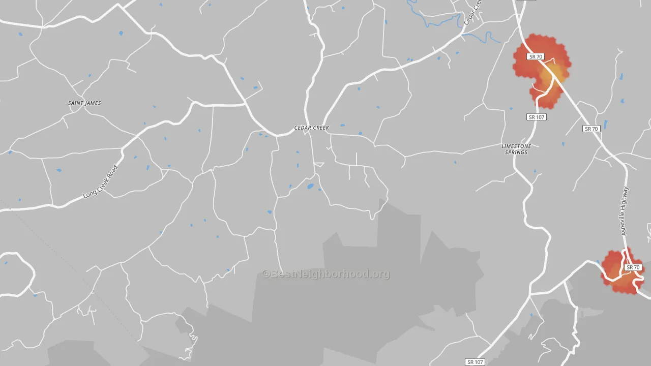 Walk Grade map of Cedarcreek, TN, walkable areas in green and car-dependent areas in red