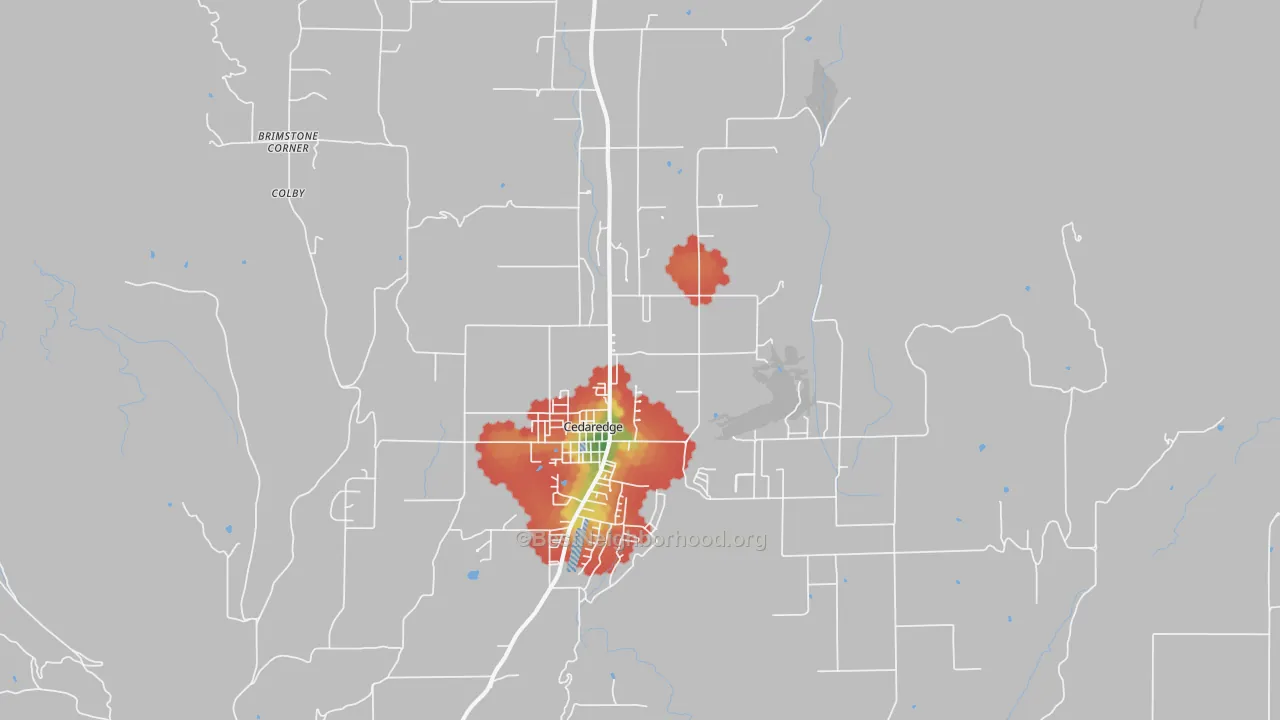 Walk Grade map of Cedaredge, CO, walkable areas in green and car-dependent areas in red