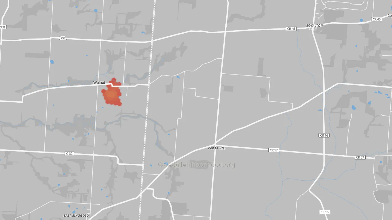 Walk Grade map of Cedarhill, OH, walkable areas in green and car-dependent areas in red
