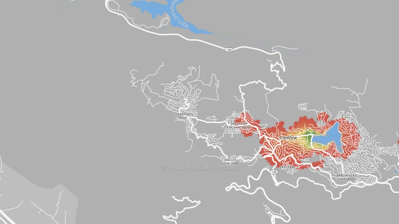 Walk Grade map of Cedarpines Park, CA, walkable areas in green and car-dependent areas in red