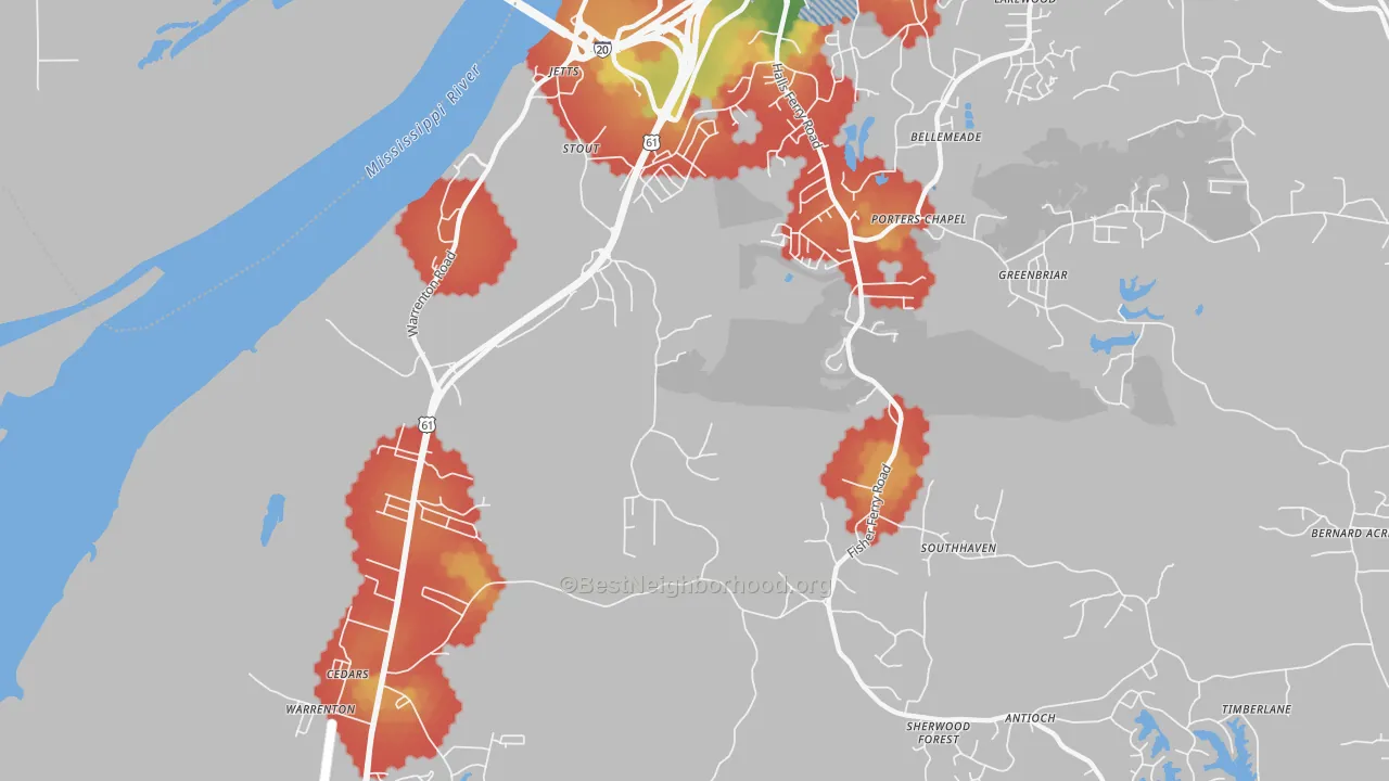 Walk Grade map of Cedars, MS, walkable areas in green and car-dependent areas in red