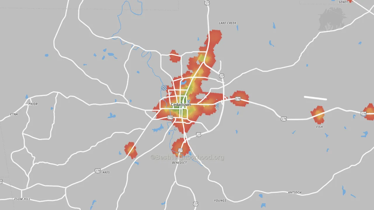Walk Grade map of Cedartown, GA, walkable areas in green and car-dependent areas in red