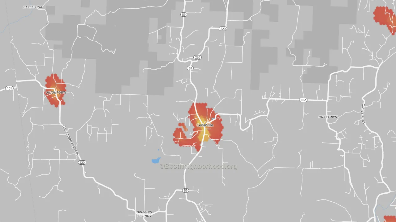 Walk Grade map of Cedarville, AR, walkable areas in green and car-dependent areas in red