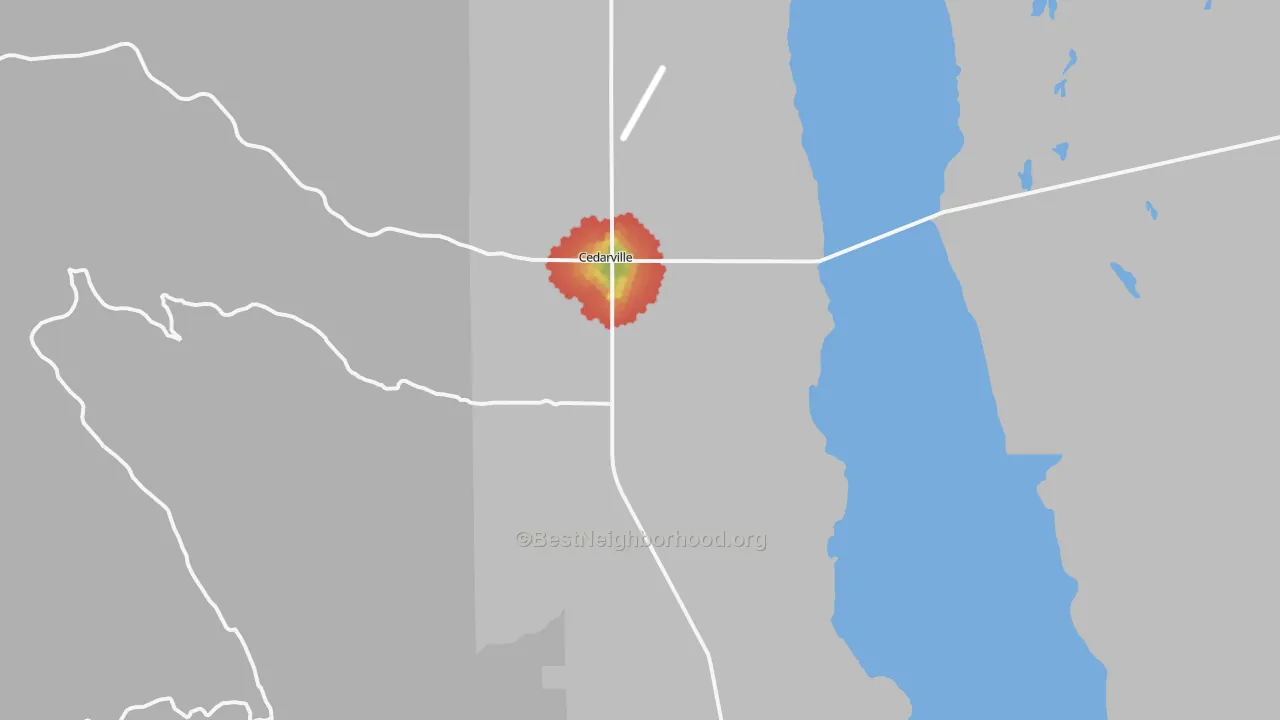 Walk Grade map of Cedarville, CA, walkable areas in green and car-dependent areas in red