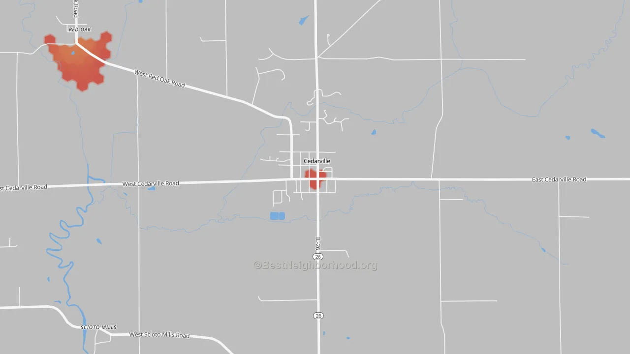 Walk Grade map of Cedarville, IL, walkable areas in green and car-dependent areas in red
