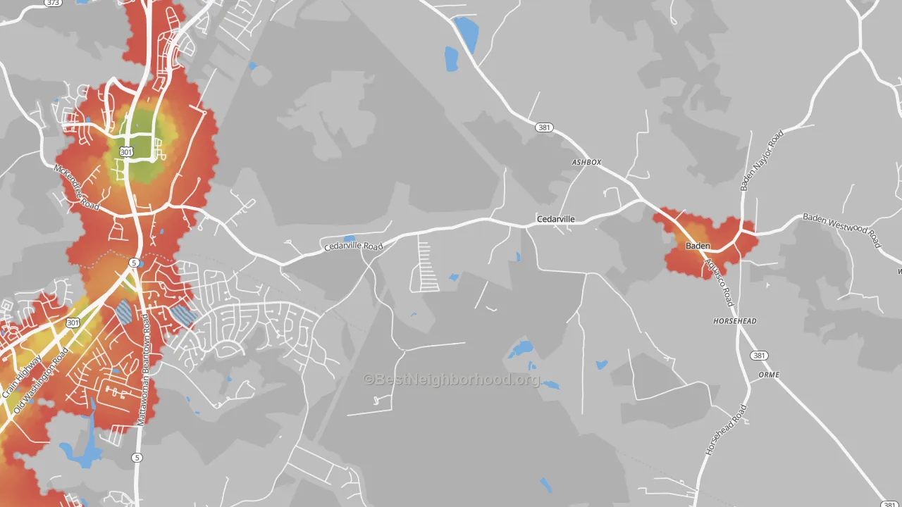 Walk Grade map of Cedarville, MD, walkable areas in green and car-dependent areas in red