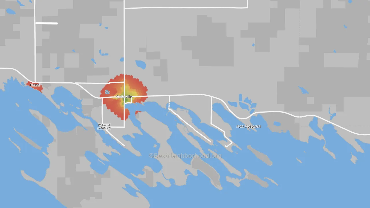 Walk Grade map of Cedarville, MI, walkable areas in green and car-dependent areas in red
