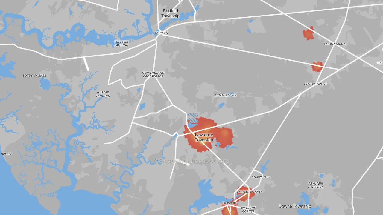 Walk Grade map of Cedarville, NJ, walkable areas in green and car-dependent areas in red