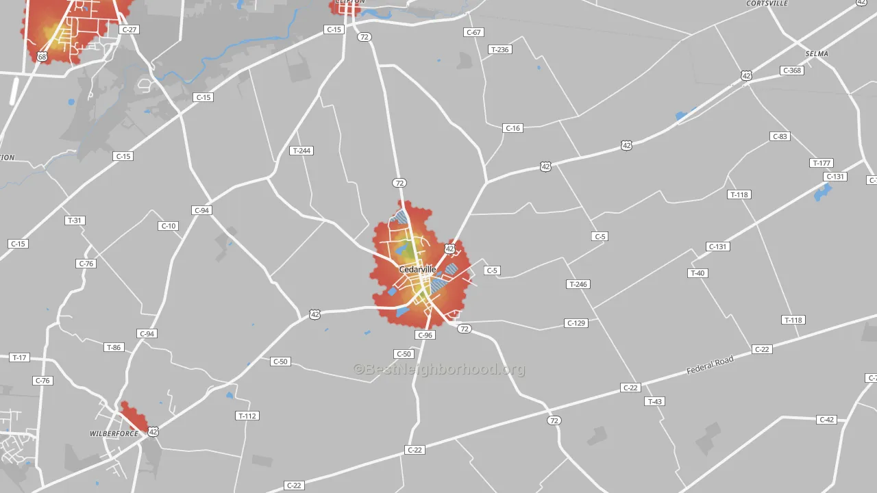 Walk Grade map of Cedarville, OH, walkable areas in green and car-dependent areas in red
