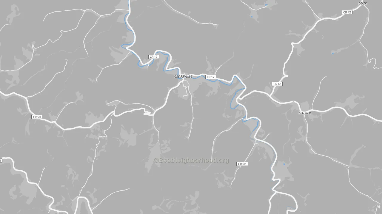Walk Grade map of Cedarville, WV, walkable areas in green and car-dependent areas in red