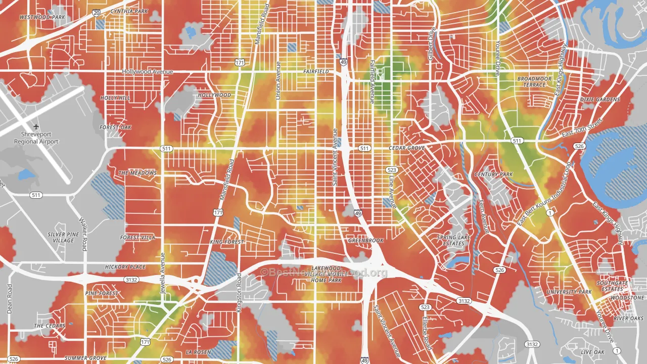 Walk Grade map of Ceder Grove-Lynbrook, Shreveport, LA, walkable areas in green and car-dependent areas in red