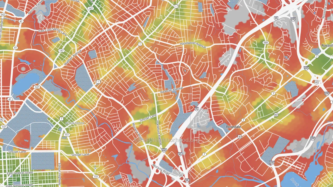 Walk Grade map of Cedonia, Baltimore, MD, walkable areas in green and car-dependent areas in red