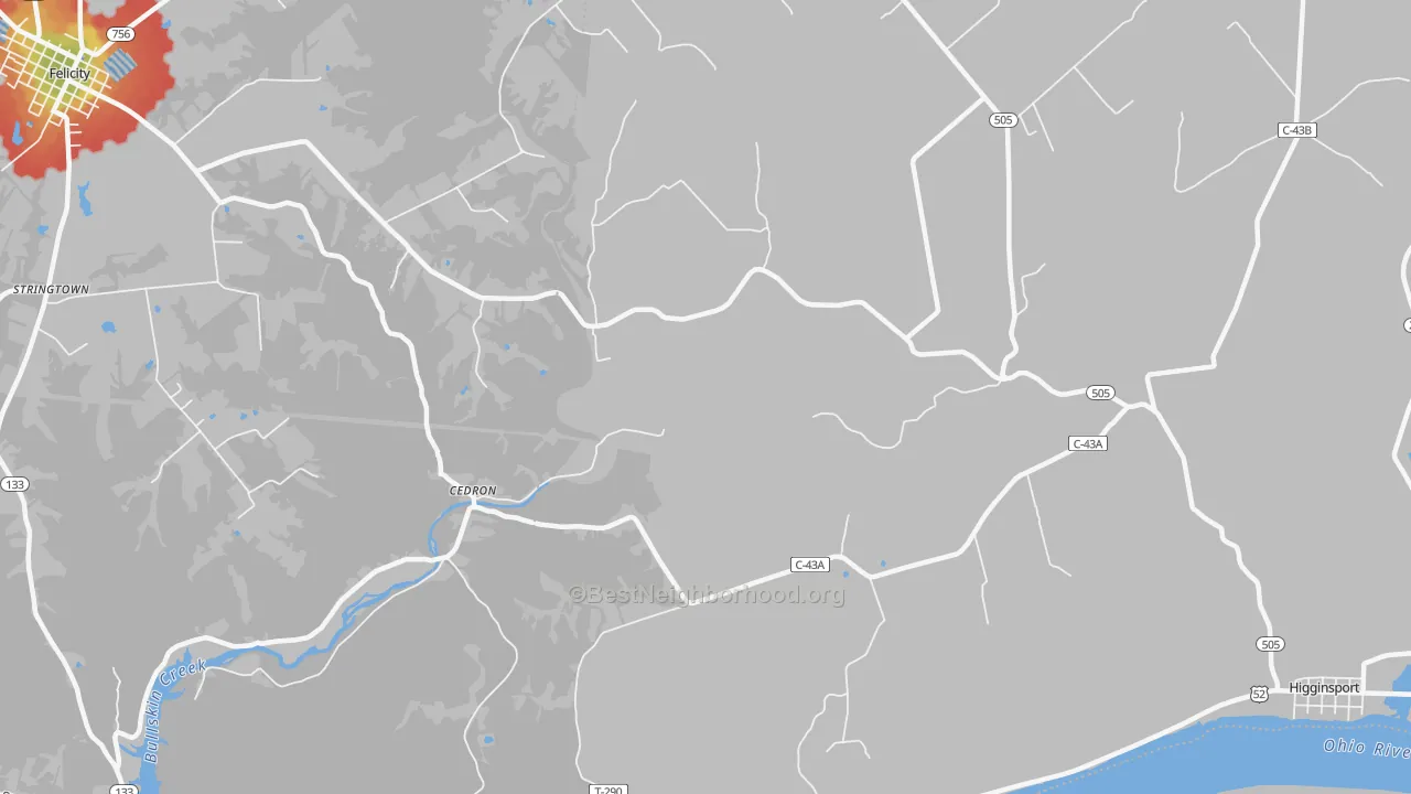 Walk Grade map of Cedron, OH, walkable areas in green and car-dependent areas in red