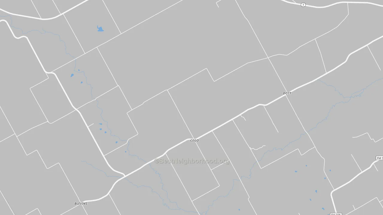 Walk Grade map of Cego, TX, walkable areas in green and car-dependent areas in red