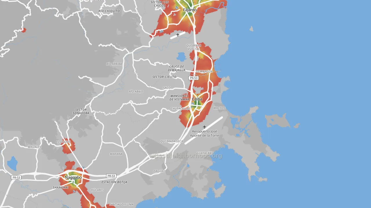 Walk Grade map of Ceiba Municipio, PR, walkable areas in green and car-dependent areas in red
