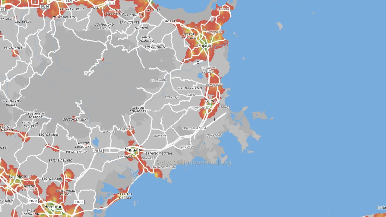 Walk Grade map of Ceiba, PR, walkable areas in green and car-dependent areas in red
