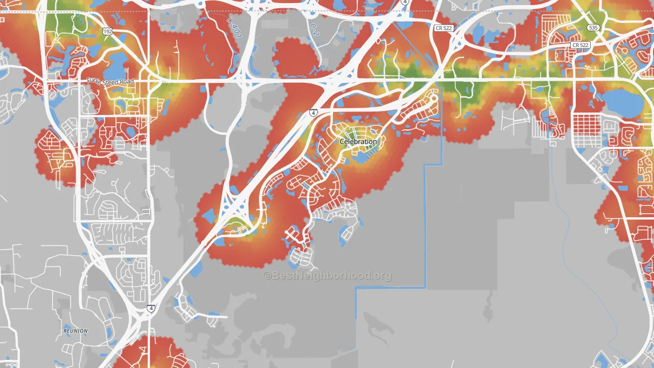Walk Grade map of Celebration, FL, walkable areas in green and car-dependent areas in red