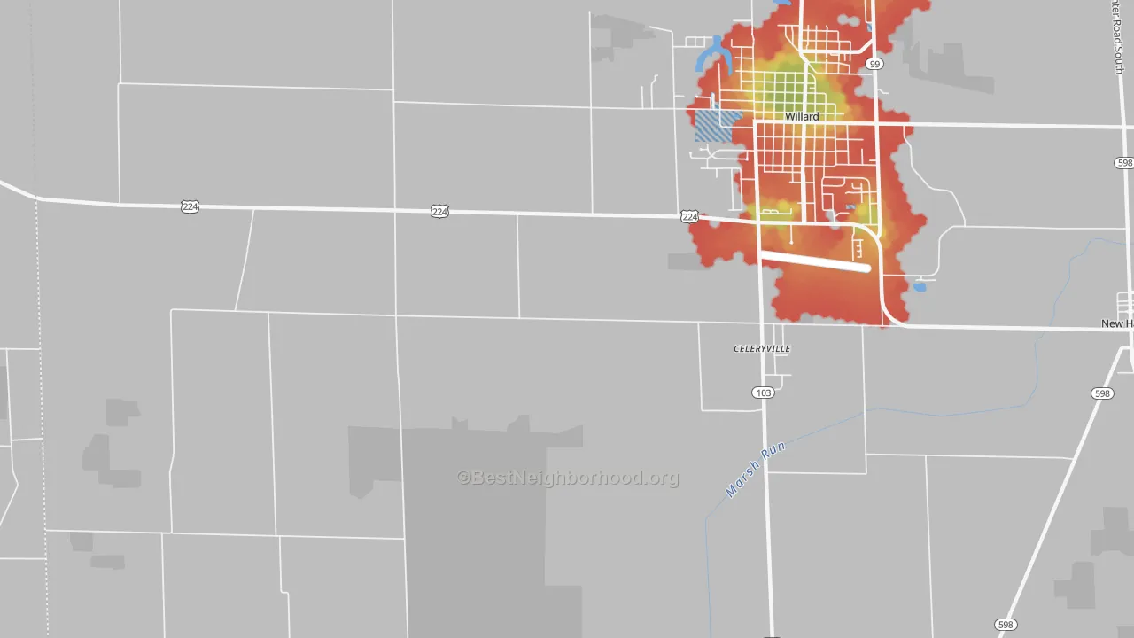 Walk Grade map of Celeryville, OH, walkable areas in green and car-dependent areas in red