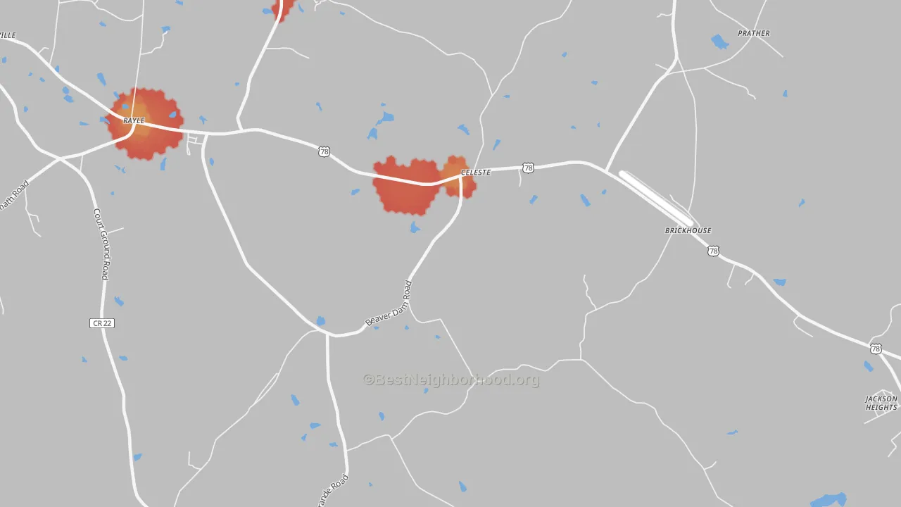 Walk Grade map of Celeste, GA, walkable areas in green and car-dependent areas in red