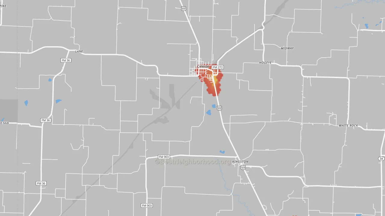 Walk Grade map of Celeste, TX, walkable areas in green and car-dependent areas in red