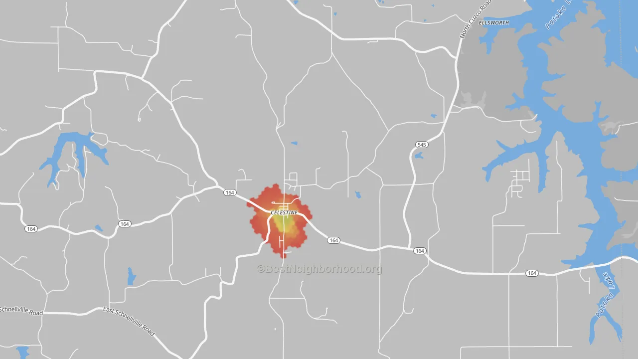 Walk Grade map of Celestine, IN, walkable areas in green and car-dependent areas in red