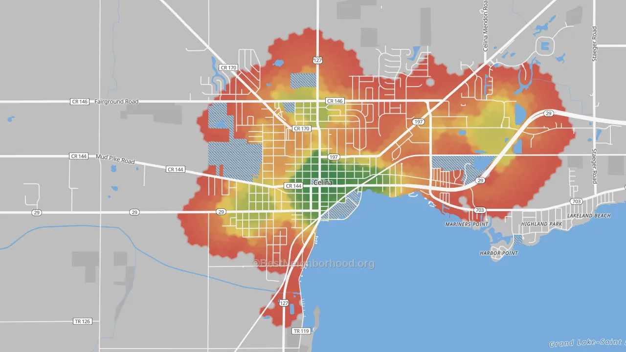 Walk Grade map of Celina Main Street Historic District, Celina, OH, walkable areas in green and car-dependent areas in red