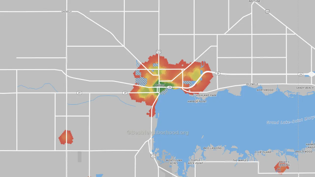 Walk Grade map of Celina, OH, walkable areas in green and car-dependent areas in red