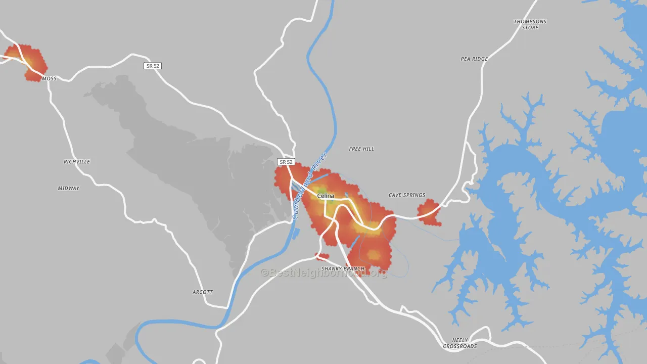 Walk Grade map of Celina, TN, walkable areas in green and car-dependent areas in red
