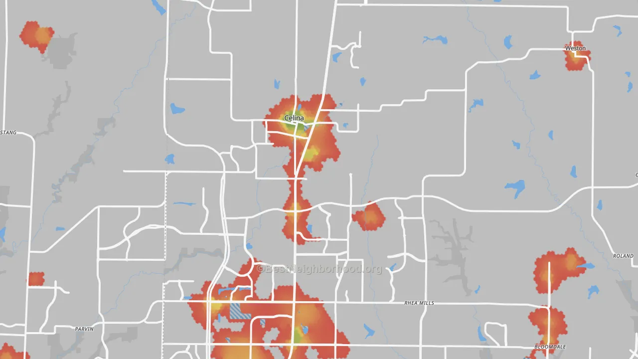 Walk Grade map of Celina, TX, walkable areas in green and car-dependent areas in red