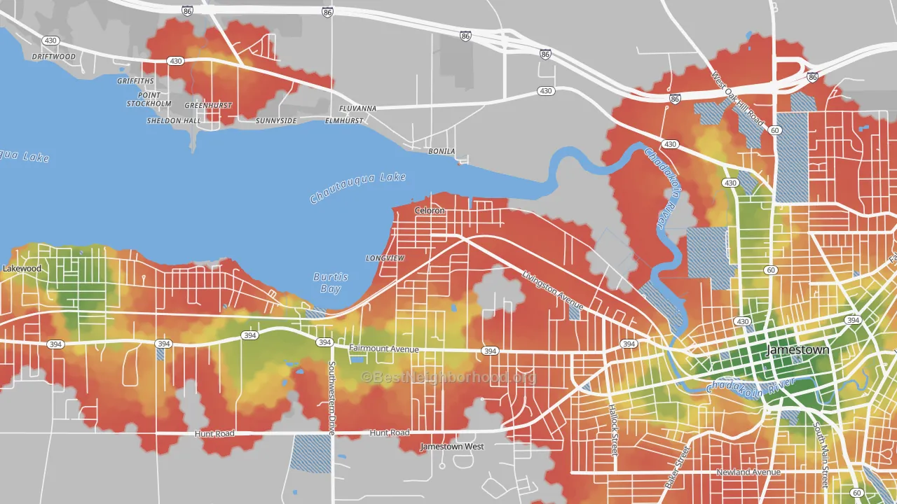 Walk Grade map of Celoron, NY, walkable areas in green and car-dependent areas in red
